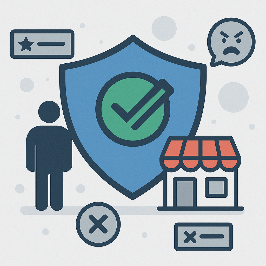 Online reputation protection and content removal services graphic featuring a shield with green check mark guarding a person and storefront against bad reviews, mugshots, and harmful online content.